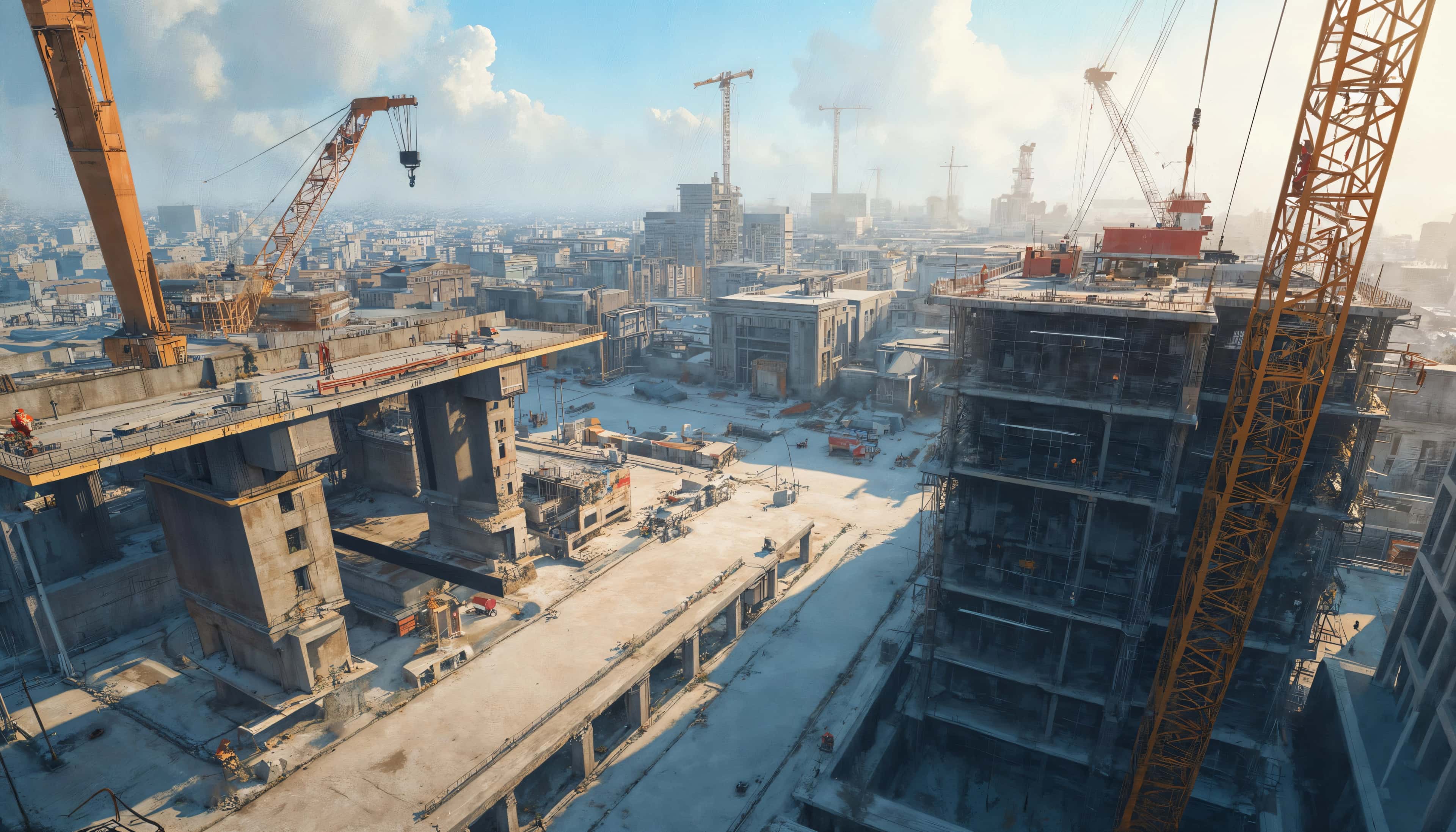 Steel-framed building under construction at dusk
