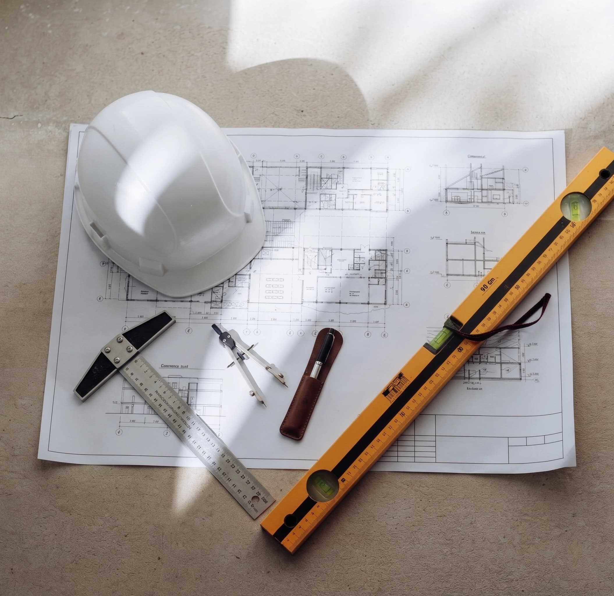 Construction crew reviewing blueprints on an active residential building site